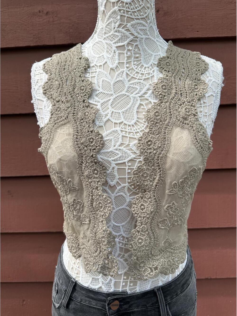 Live to be Spoiled Taupe Lace Trim Vest‎ Boho Fairycore Y2K Festival Style